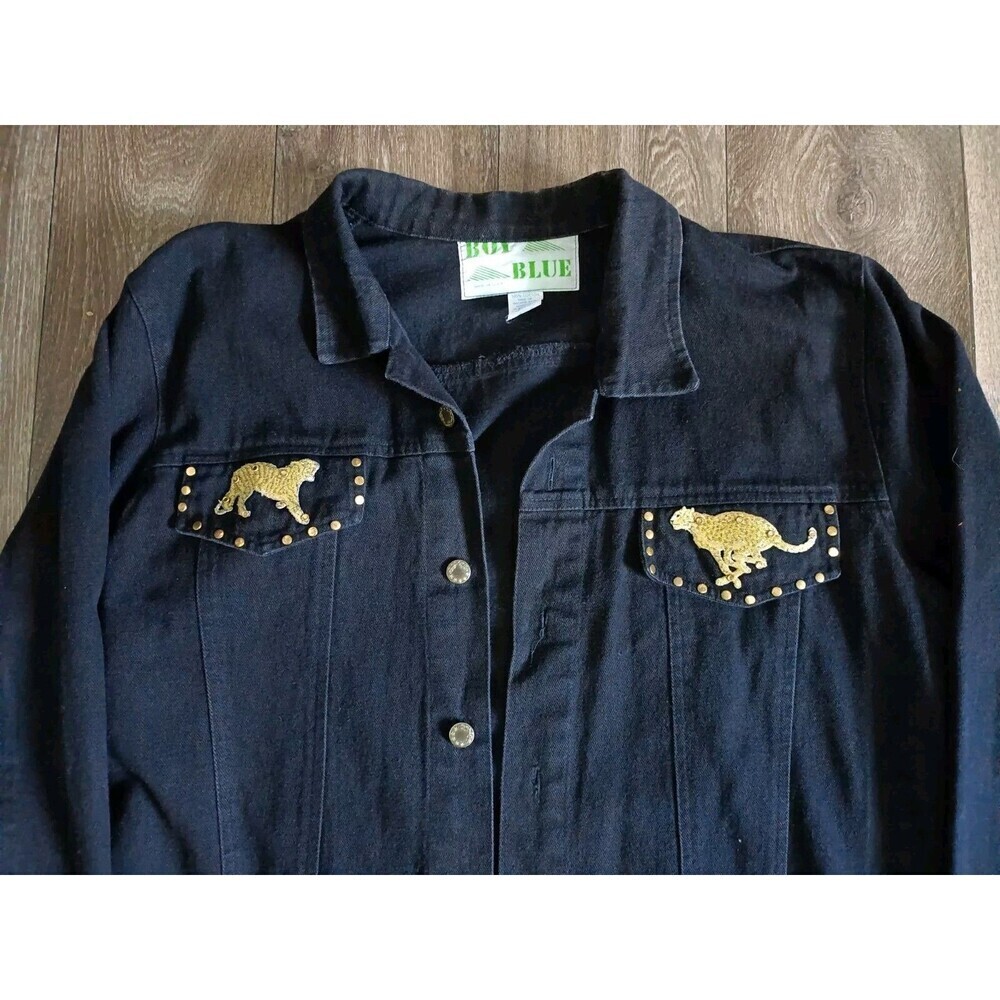 Vintage Denim Jean Jacket Women's Size Large Embellished Black Long Sleeve - Picture 2 of 10